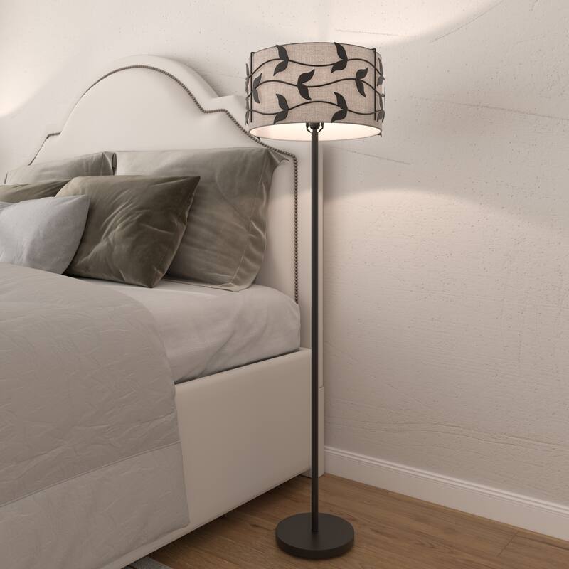Acroma Black/Gold Leaf-Accent Fabric Shade Floor Lamp