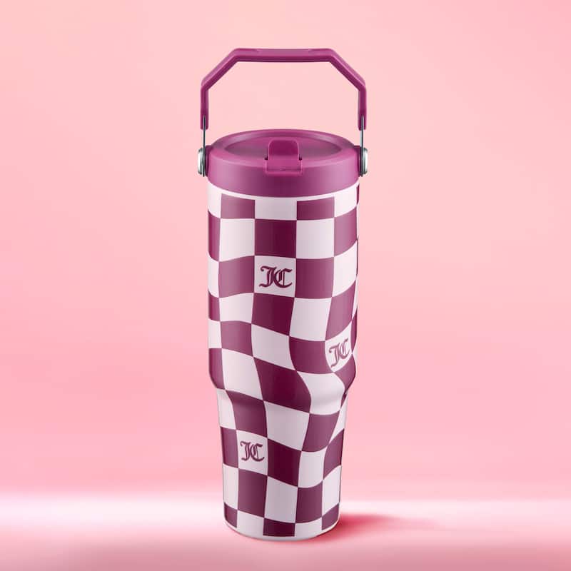 Juicy Couture Flip & Sip Hydration Stainless Steel Screw Top Tumbler with Flip Straw and Carry Handle - 30oz - Pink Wavy Check