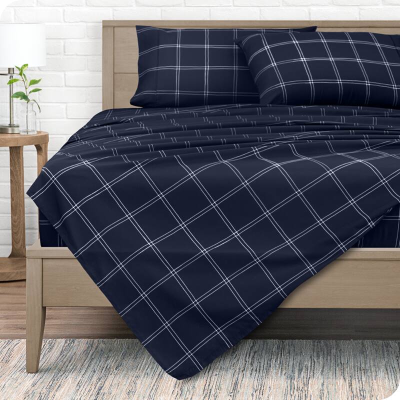 Bare Home Double Brushed Deep Pocket Printed Sheet Set - Split King - Modern Plaid - Midnight/White