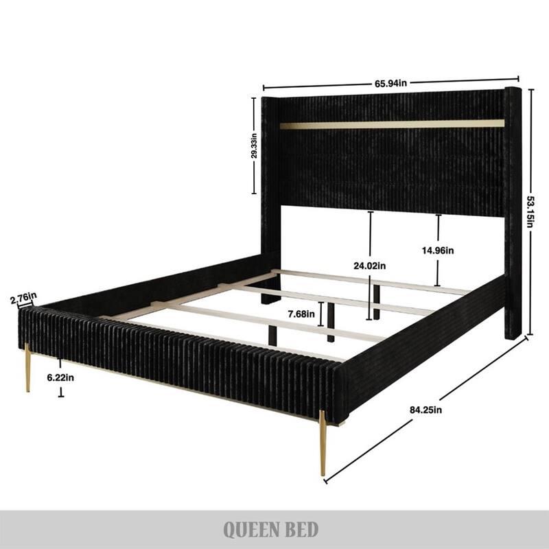 CraftPorch Luxurious Gold PU Strip Wingback Velvet Upholstered Bed