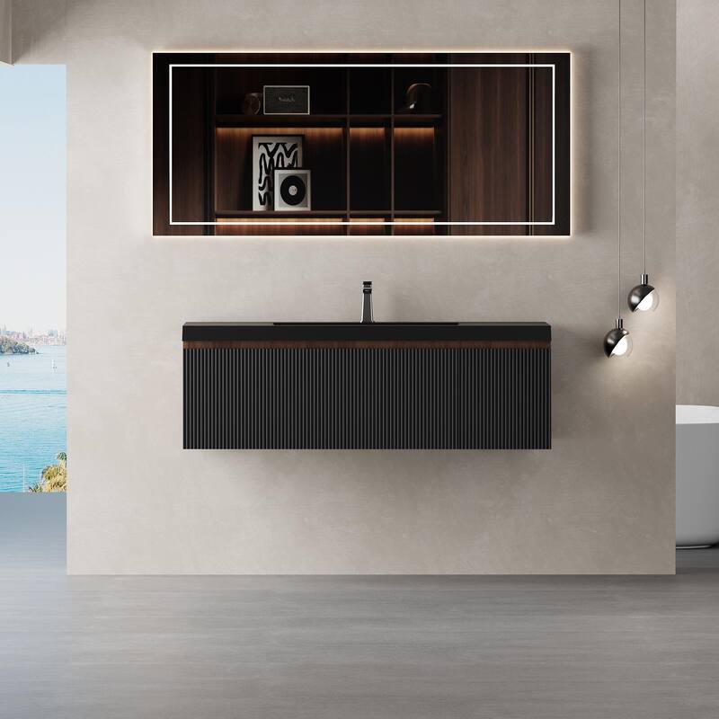 GDFStudio - Sebastian Floating Bathroom Vanity with Quartz Sand Basin and Fluted Storage Cabinet - Walnut+black