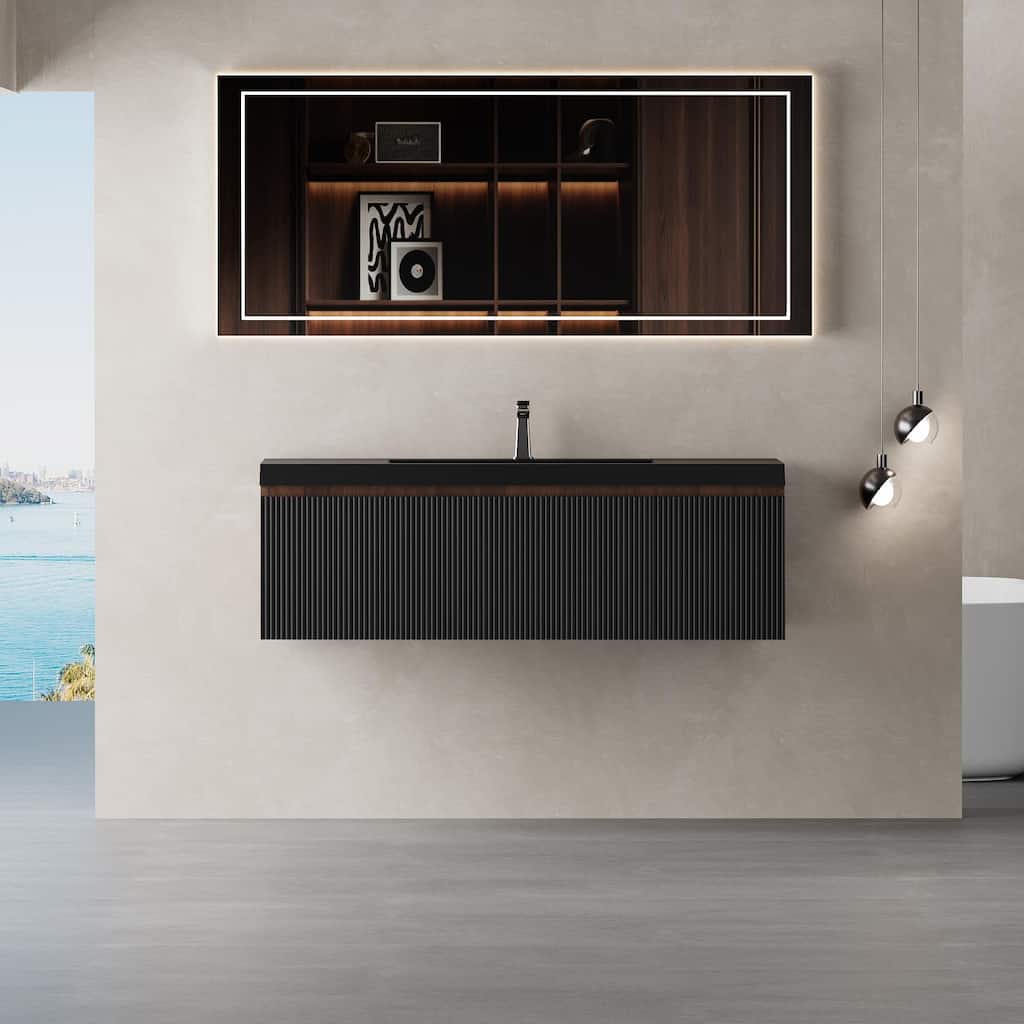 GDFStudio - Sebastian Floating Bathroom Vanity with Quartz Sand Basin and Fluted Storage Cabinet