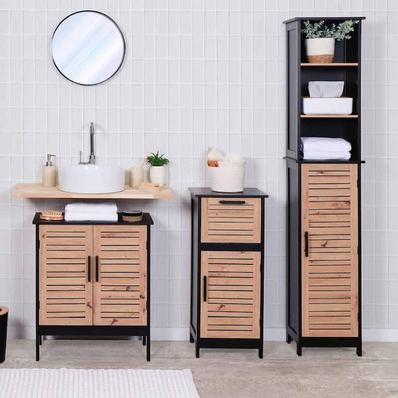 Compact Bathroom Storage Cabinet with Drawer and Vented Door, Black and Brown - Bergen Collection - 14.7"L x 11.13"W x 32.12"H