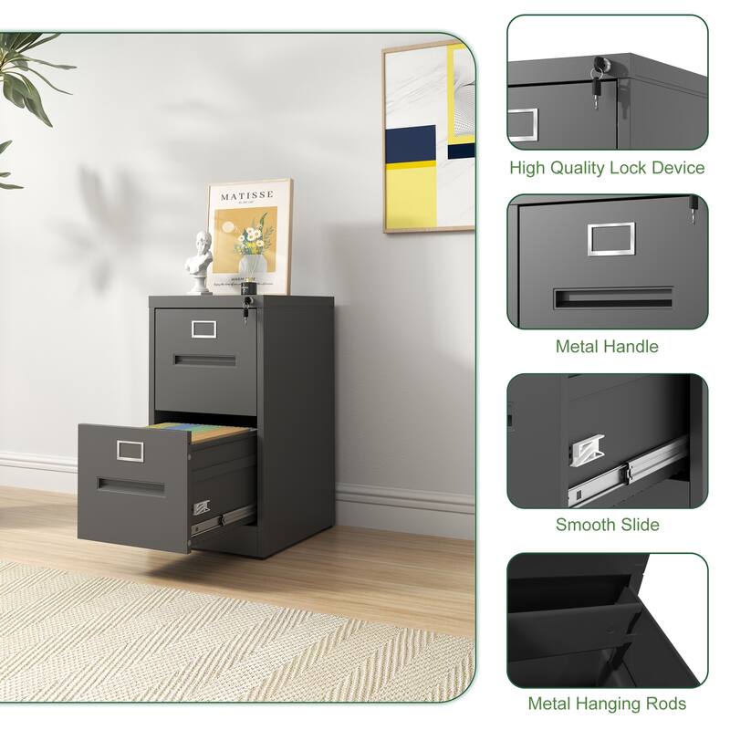 Modern 2-Drawer Narrow Filing Cabinet, Vertical Filing Cabinet with Lock and Anti-Tilt Function, for Home Office, Black