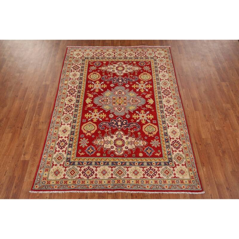 Red Geometric Kazak Area Rug Handmade Traditional Oriental Wool Carpet - 4'10" x 6'8"
