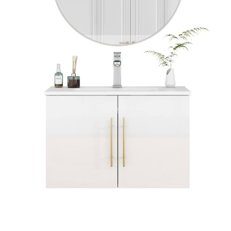 30-Inch Gloss Wall-Mounted Bathroom Vanity with Double Doors, Soft-Close Hangers,Long Gold Metal Handle