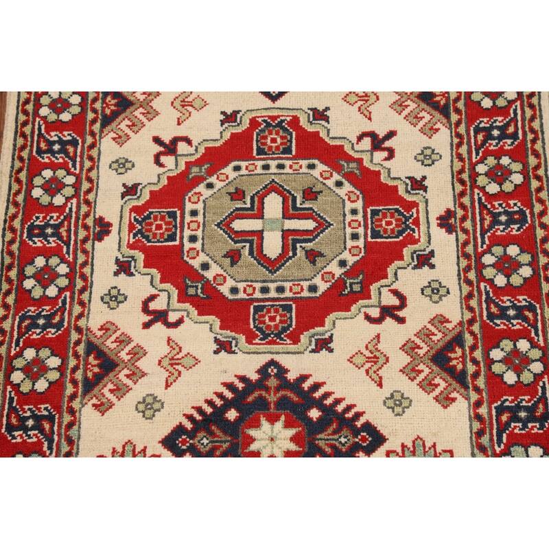 Geometric Kazak Oriental Accent Rug Handmade Beige Foyer Wool Carpet - 2'8" x 4'0"