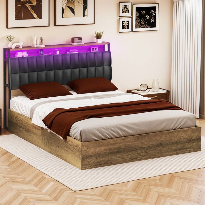 Moasis Lift-Up Storage Bed Frame with Charging Station & Storage Headboard