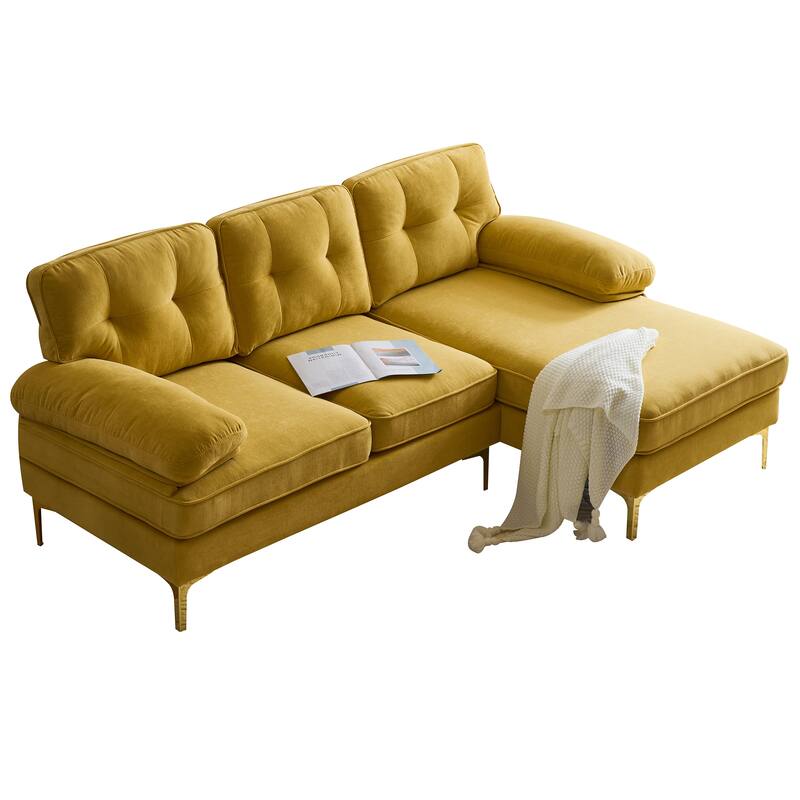 Modern Velvet L-Shaped Sectional Sofa with Metal Legs and Wide Backrest for Living Room Bedroom