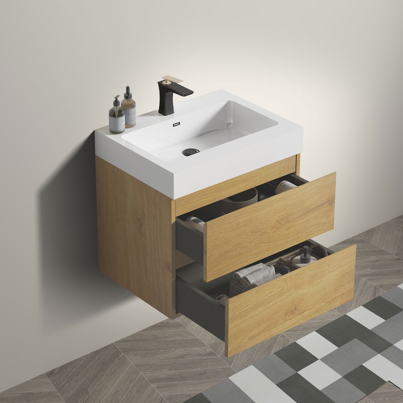 24"Bathroom Vanity with Sink,Wall Mounted Floating Bathroom Vanity,One-Piece Glossy White Sink Basin without Drain and Fauce
