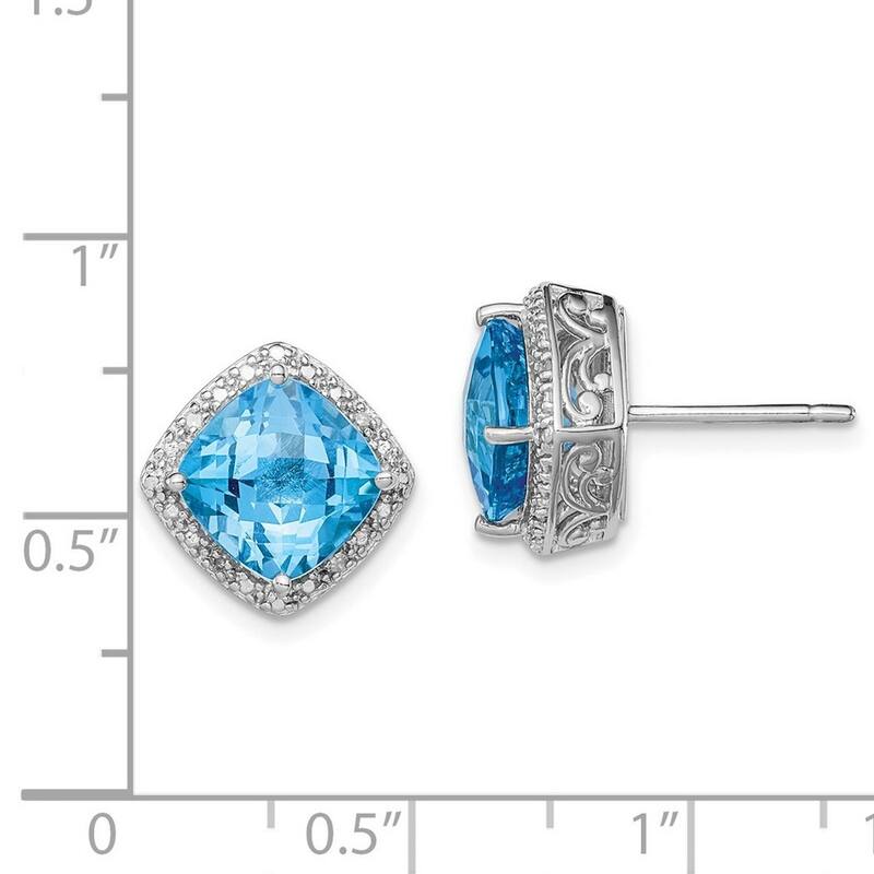 Curata 925 Sterling Silver 13mm Cushion-cut Blue Topaz and Diamond Earrings