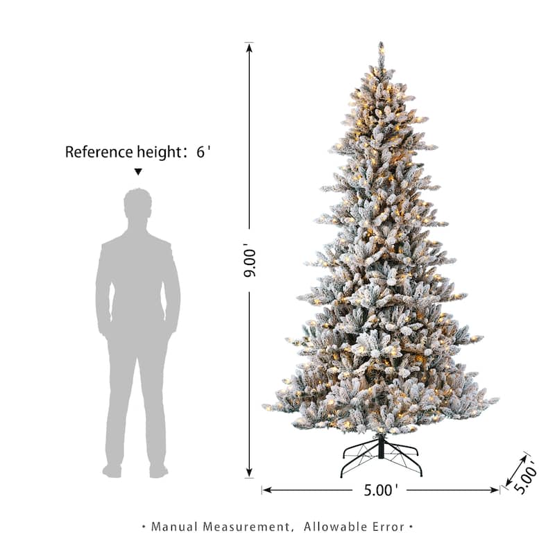 Glitzhome 6FT/7.5FT/9FT/11FT Snow Flocked Pre-lit Artificial Fir Christmas Trees