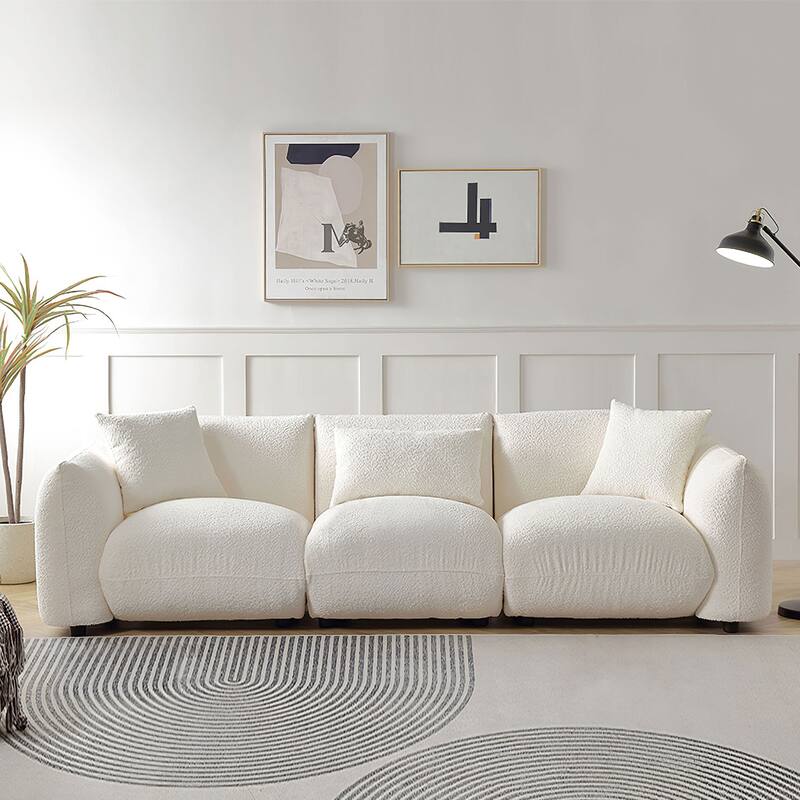 Beige Mid Century Modern 102.36" Boucle Upholstered 3-seater Sofa with Pillows for Livingroom