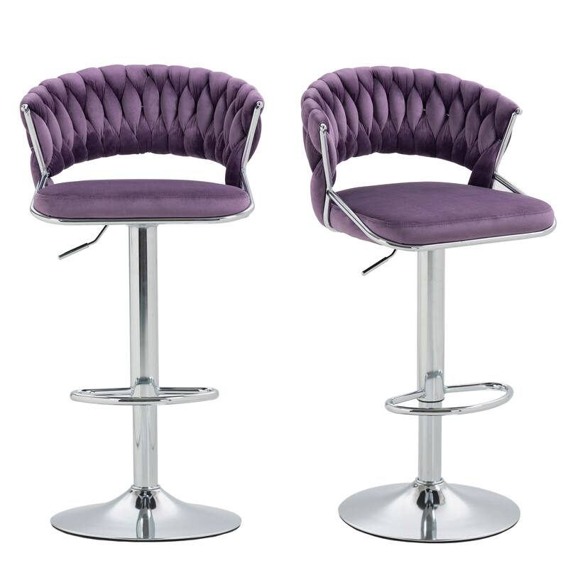 Modern Velvet Counter Bar Stools with Backs(Set of 2) - Purple-Silver