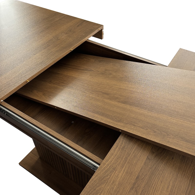 Extendable Cabinet Dining Table with Storage, Wood Kitchen Table with Striped Cabinet, Waterproof Coffee Table