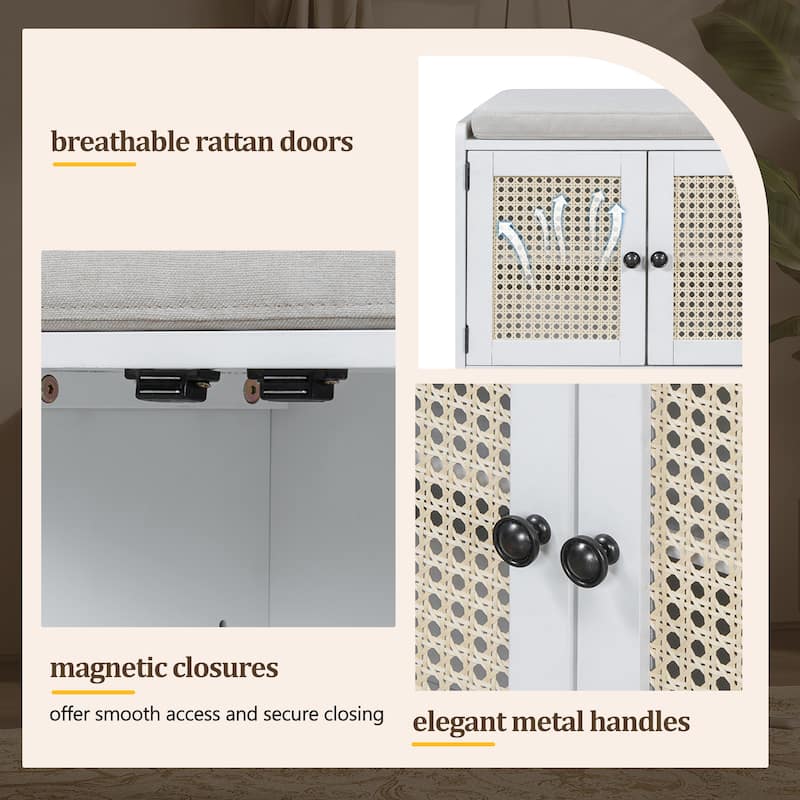 Rustic Storage Bench Multifunctional Wood Entryway Shoe Bench with Removable Cushion, Woven Rattan Doors & Adjustable Shelves