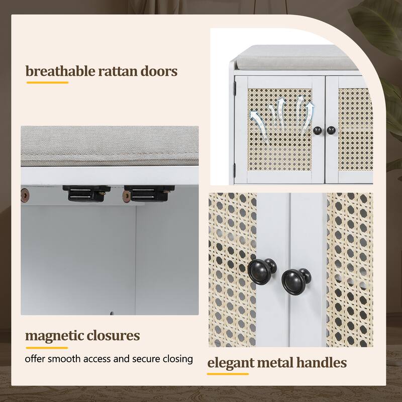 Rustic Storage Bench with Removable Cushion, Rattan Doors & Adjustable Shelf