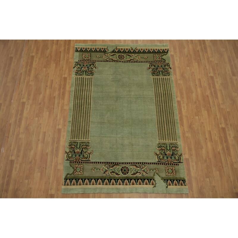Hand Knotted Oriental 100% Wool Carpet Modern Geometric Green Nepalese Area Rug - 9' 0'' X 6' 0''