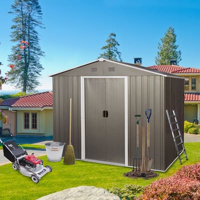 6ft x 8ft Outdoor Metal Storage Shed with Floor Base,Gray for Backyard, Patio, Lawn