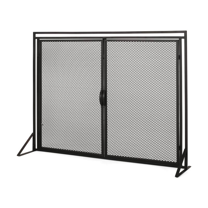 Fireplace Screen, 2 Doors, Open Diamond Mesh Design, Matte Black Iron