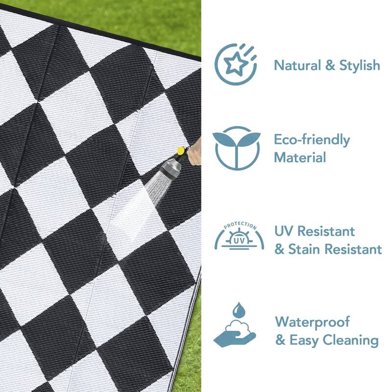 Outdoor Rug Waterproof Reversible Rug Plastic Straw Rug Checkered Floor Mat Outside Carpet for Camping RV Backyard Patio