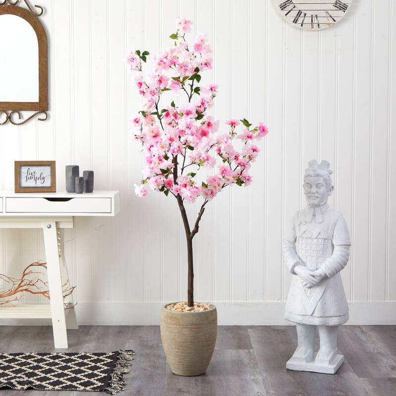 5.5ft Cherry Blossom Artificial Tree in Sand Planter with Lifelike Pink Flowers and Green Leaves for Bedroom Decor