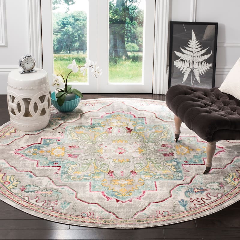 SAFAVIEH Mystique Adila Oriental Polyester Rug - 6'7" Round - Grey/Light Blue