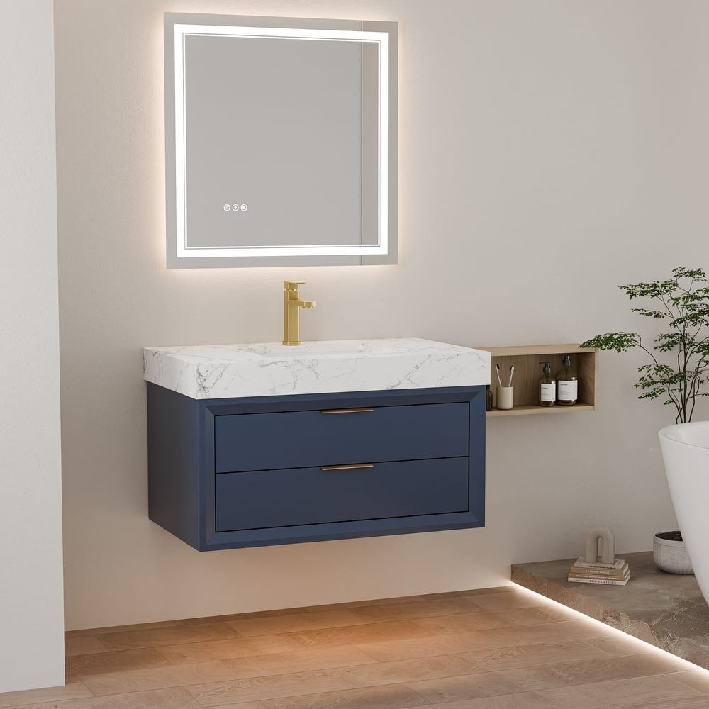 Modland 36" Wall-Mount Vanity with LED Light & 2 Soft-Close Drawers - Solid Oak, Black,White,Blue,Green - 36 inch