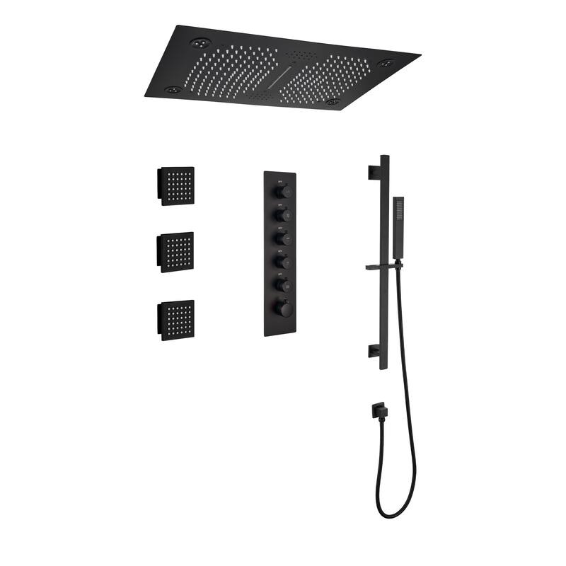 Luxury 5-Spray Patterns 28 in. Ceiling Mount Shower System with Handheld Shower Head, 3 Body Jets, LED, and Music - 16" x 28"