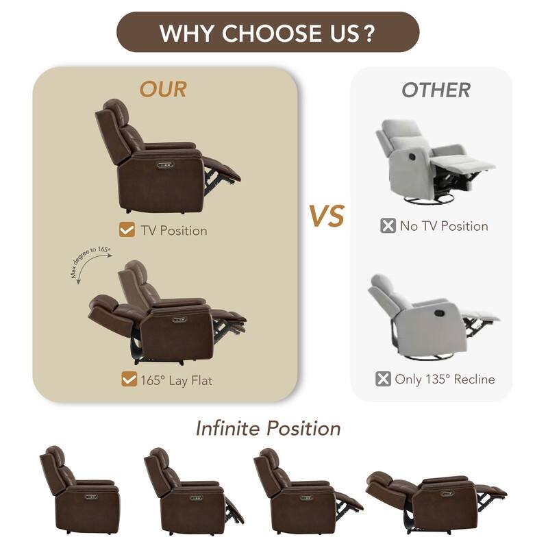 Spruce & Spring Dual Motors Genuine Leather Power Lay Flat Recliner with Power Headrest