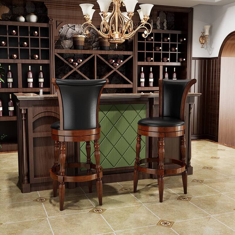 Solid Wood Swivel Bar Stool Carved Hardwood Rotatable Pub Height Stools - Set of 2 -  Cherry Black