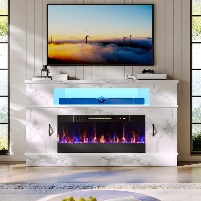Bestier 63"W Tall Fireplace Tv Stand for 70 inch TV with 36"W Fireplace, LED Media Console with Open Shelf