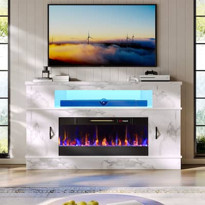 Bestier 63"W Tall Fireplace Tv Stand for 70 inch TV with 36"W Fireplace, LED Media Console with Open Shelf