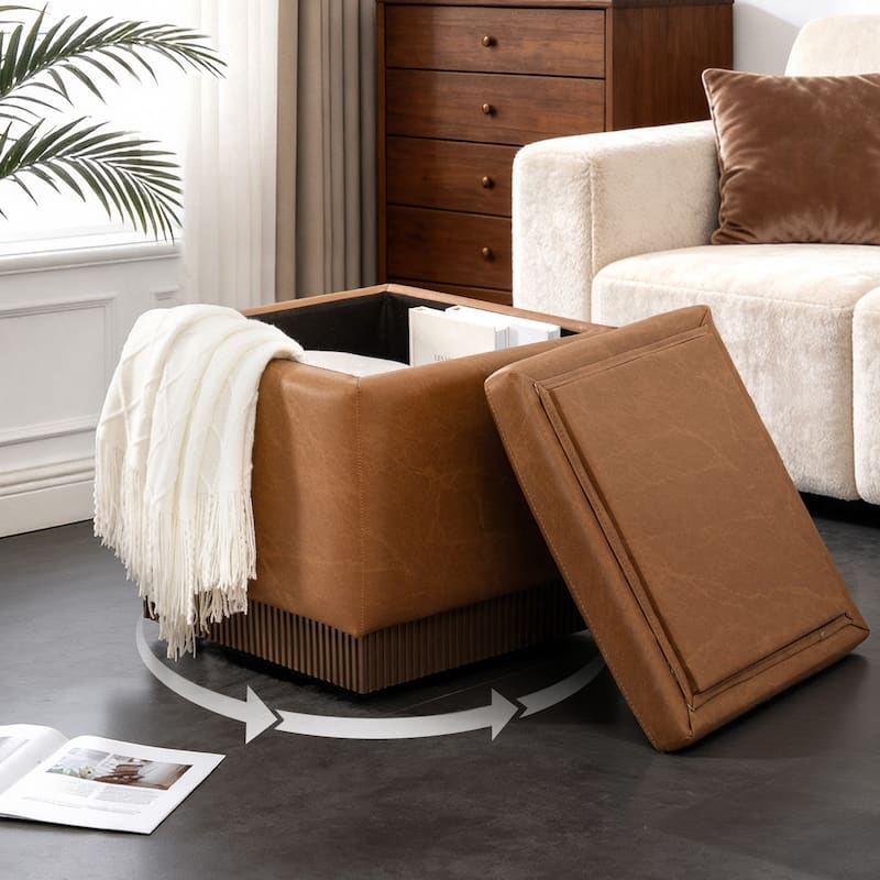 Swivel Storage Ottoman Bench Footstool with Flip-top and Acacia Frame