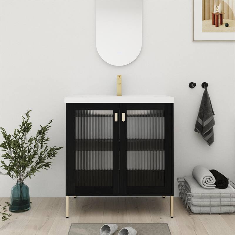 Bathroom Vanity With Sink In 28/32 Inch, Floating/Freestanding Bathroom Vanity With Soft Close Door - 31.9"W x 18.7"D x 34.8"H - Black Chestnut