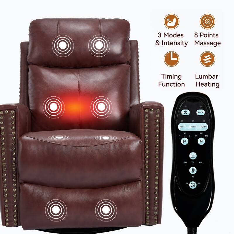 Roomfitters Genuine Leather Swivel Rocker Recliner, Manual Massage Glider with Heat and Top Grain Cowhide, Living Room