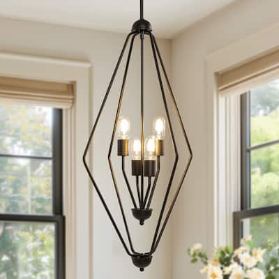 Modern Black 4-Light 18" W Lantern Chandelier Geometric Kitchen Island Pendant Light - Dia.17.9"xH35.2"
