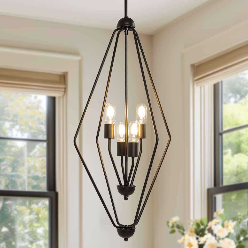 Modern Black 4-Light Geometric Chandelier Lantern Kitchen Island Light - D 18.1" x H 35.4"