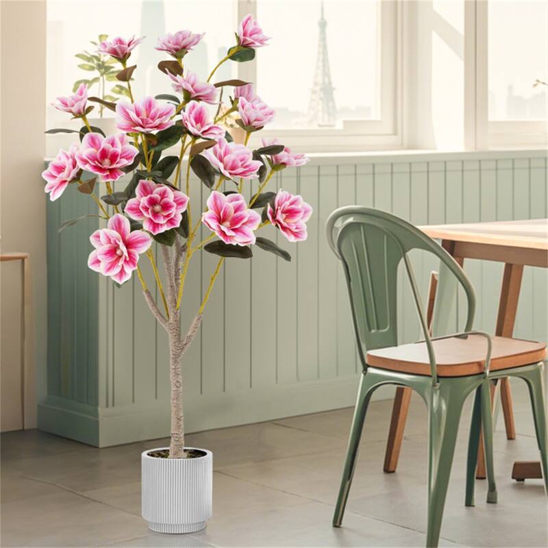 Artificial Magnolia Tree 51 Inch Green White Pink Lifelike Faux Indoor Decorative Plant with Cement Pot - 51"