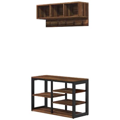 2 in 1 Hall Tree with Shoe Bench and Coat Rack Steel and Particleboard Entryway Organizer with Hooks and Shelves
