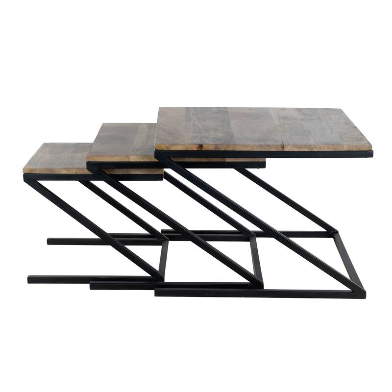 Mango Wood Nesting Tables Set of 3 with Black Metal Z Frame Base