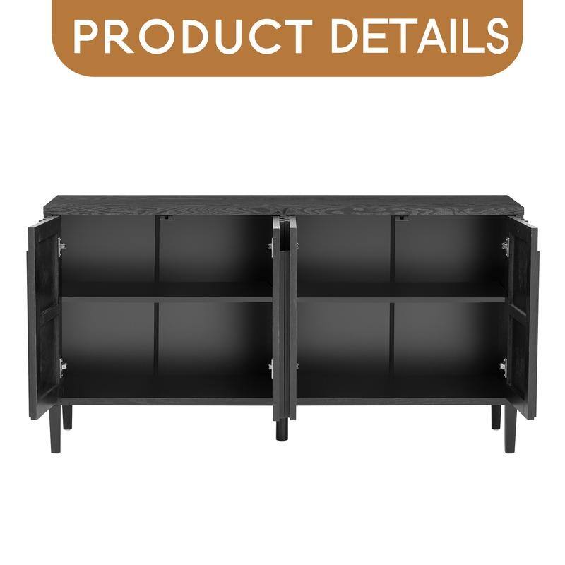 59.8" 4-Door Sideboard,Hidden Handle,Distinctive Solid Ash Veneer Buffet with Storage, Farmhouse Sideboard TV Stand