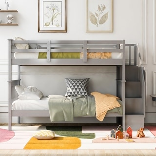 Contemporary Design Wood Bunk Bed with Staircase, Sturdy and Durable Frame, Maximized Storage Space, Grey