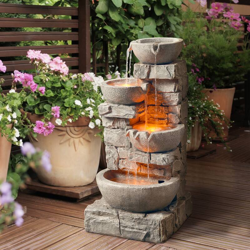 Teamson Home 3-Tier Stacked Stone Outdoor Water Fountain with LED Lights - Grey - Floor - Polyresin