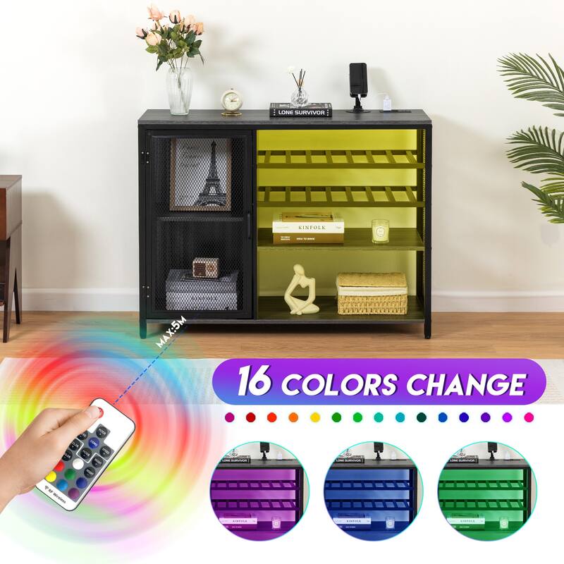 Modern Bar Sideboard Buffet Storage Cabinet with LED Lights and USB Socket, Black Wine Bar Cabinet - 43.31In*13.78in*32.87in