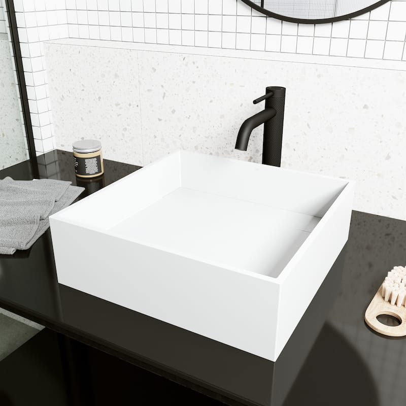 VIGO Montauk 15"L x 15"W MatteStone Vessel Sink and Lexington 10"H Faucet Set - Matte White