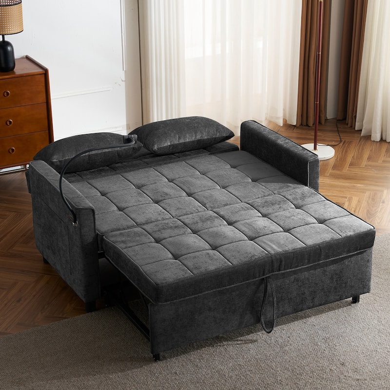 Chenille Luxe Loveseat Sofa Bed with Reversible Backrest, USB Charging, Adjustable Phone Holder by Harper&Bright Designs
