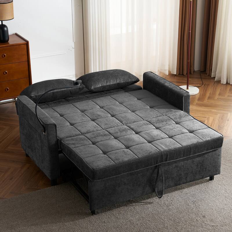 Loveseat Sofa Pull-out Sofa Bed with a Reversible Backrest Cushion, Side Pockets, Two USB Ports and a Phone Holder