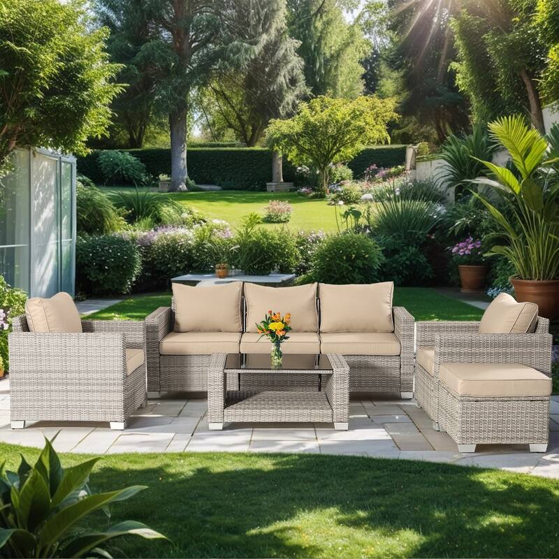 7-Piece Wicker Outdoor Sectional Set with Cushions and Table
