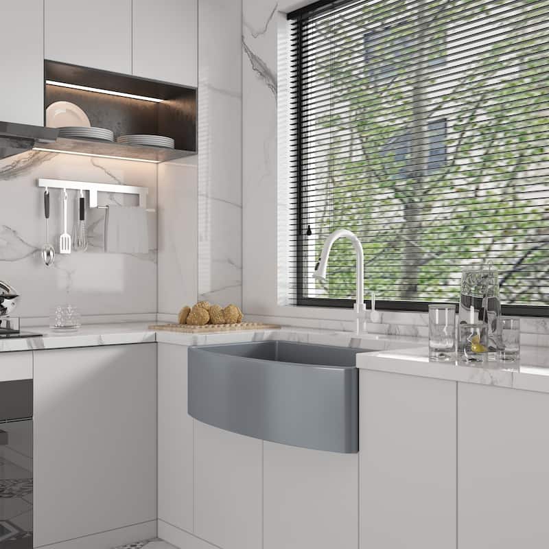 All-in-One Fireclay Curved Design Single Bowl Farmhouse/Apron-Front Kitchen Sink with Pull Down Kitchen Faucet and Accessories